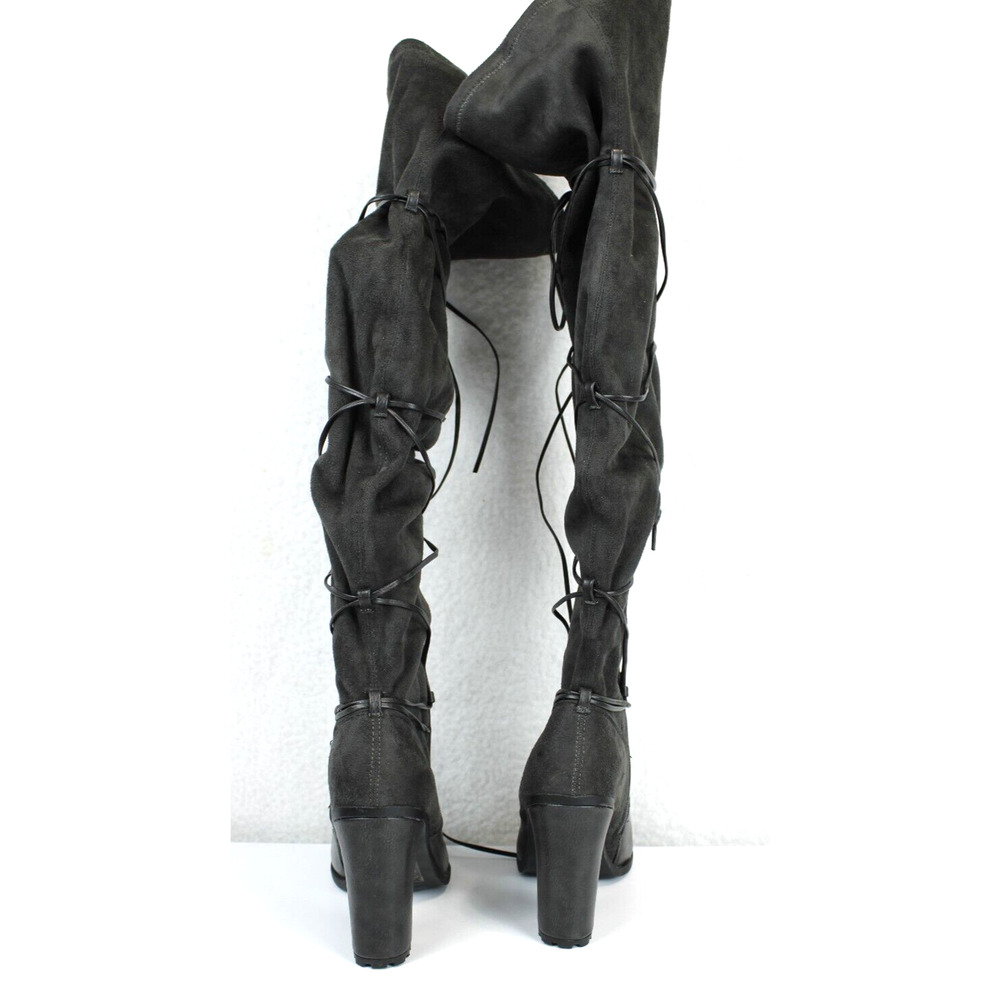 Leila Stone Rayne Suede Lace Up Zip Tall Boots Women 6 Block Heel 3.5" Dark Gray - Picture 6 of 15